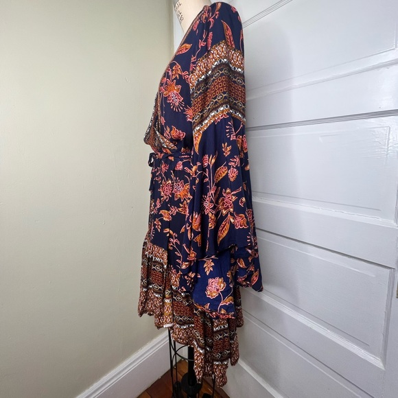Z&L Europe Wrap Around Ruffle Dress Bell Sleeves Medium Floral Tribal Bohemian M - Picture 2 of 12